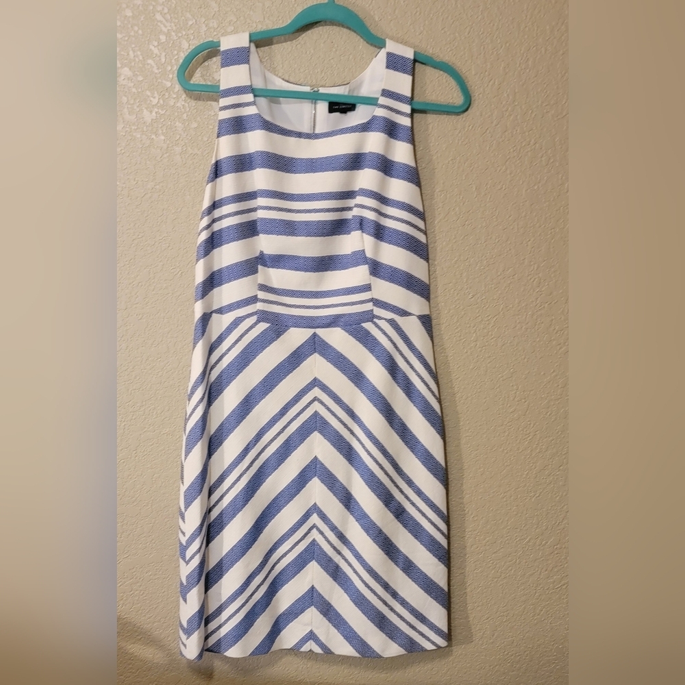 The Limited Blue and Cream Striped Sleeveless Dress has an exposed zipper